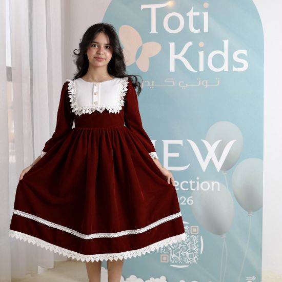 صورة فستان بناتي مخمل بياقة مطرزة ودانتيل | فستان شتوي كلاسيكي - 1109